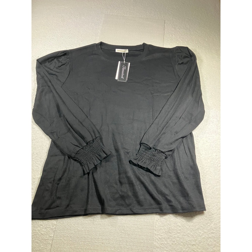 Fantaslook HXH017 Womens Black Puff Shoulder Smocked Cuff Blouse Size 2XL NWT